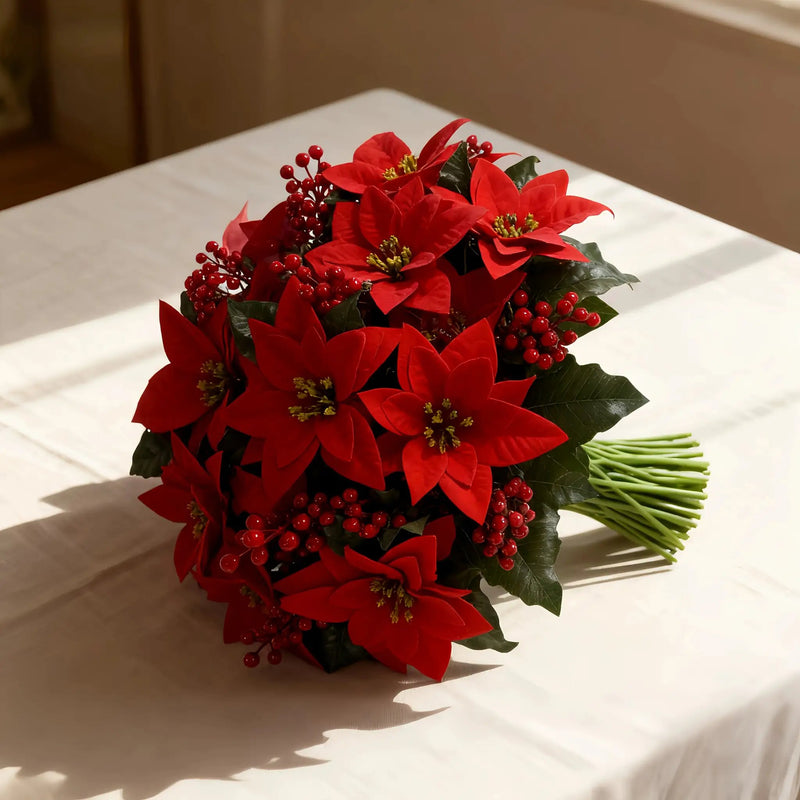 Artificial Poinsettia Flower Bundle - Red 12pc Christmas Wreath with Foliage by House Of Avana