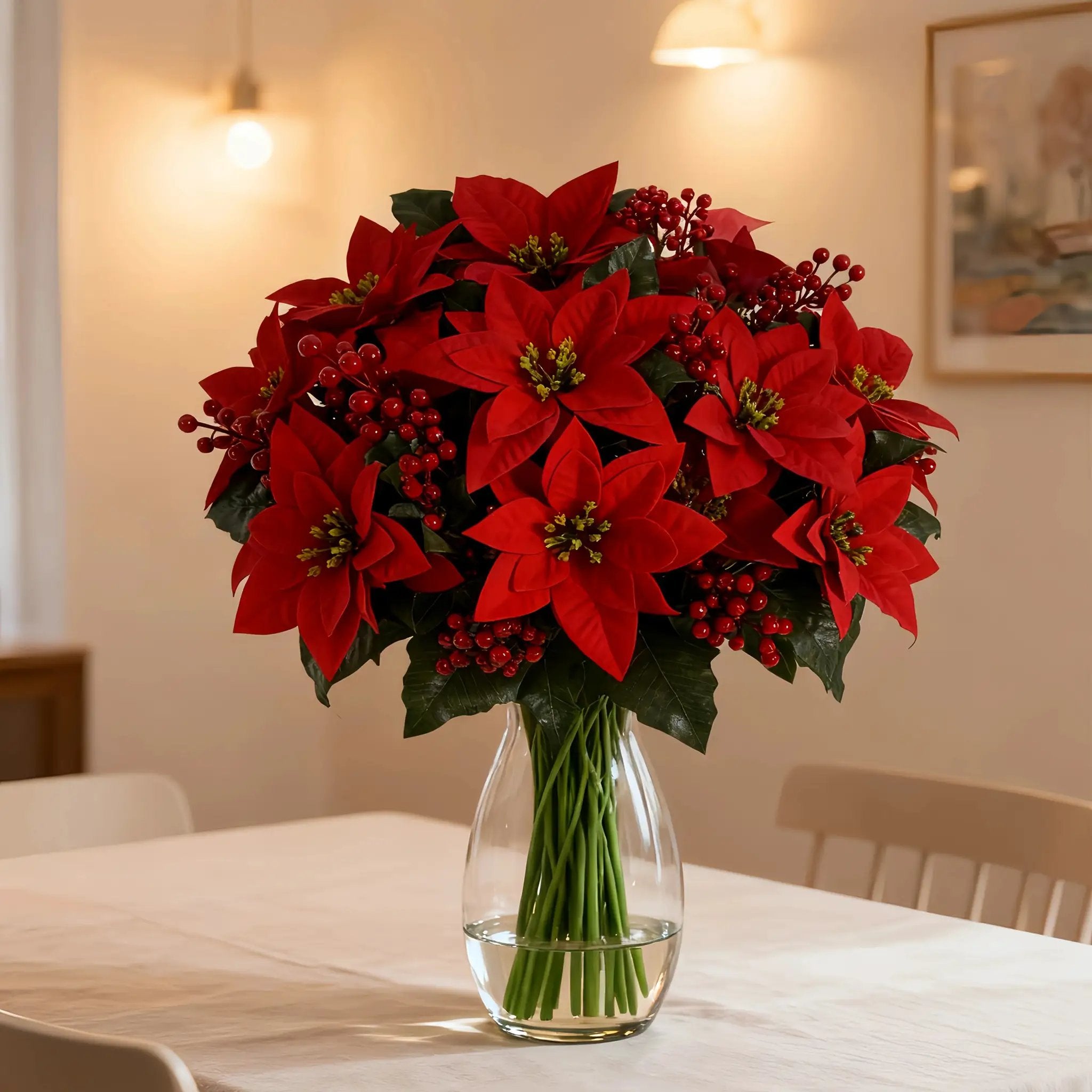 Artificial Poinsettia Flower Bundle - Red 12pc Christmas Wreath with Foliage by House Of Avana
