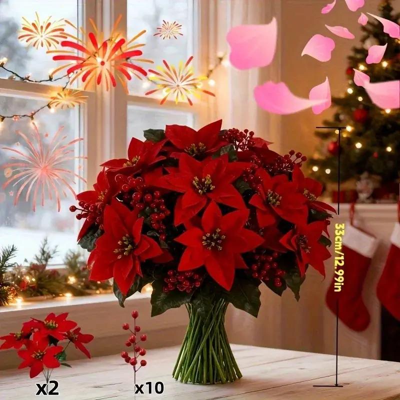 Artificial Poinsettia Flower Bundle - Red 12pc Christmas Wreath with Foliage by House Of Avana