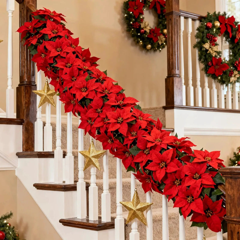 Artificial Poinsettia Wreath 242cm Red and Green Christmas Garland by House Of Avana