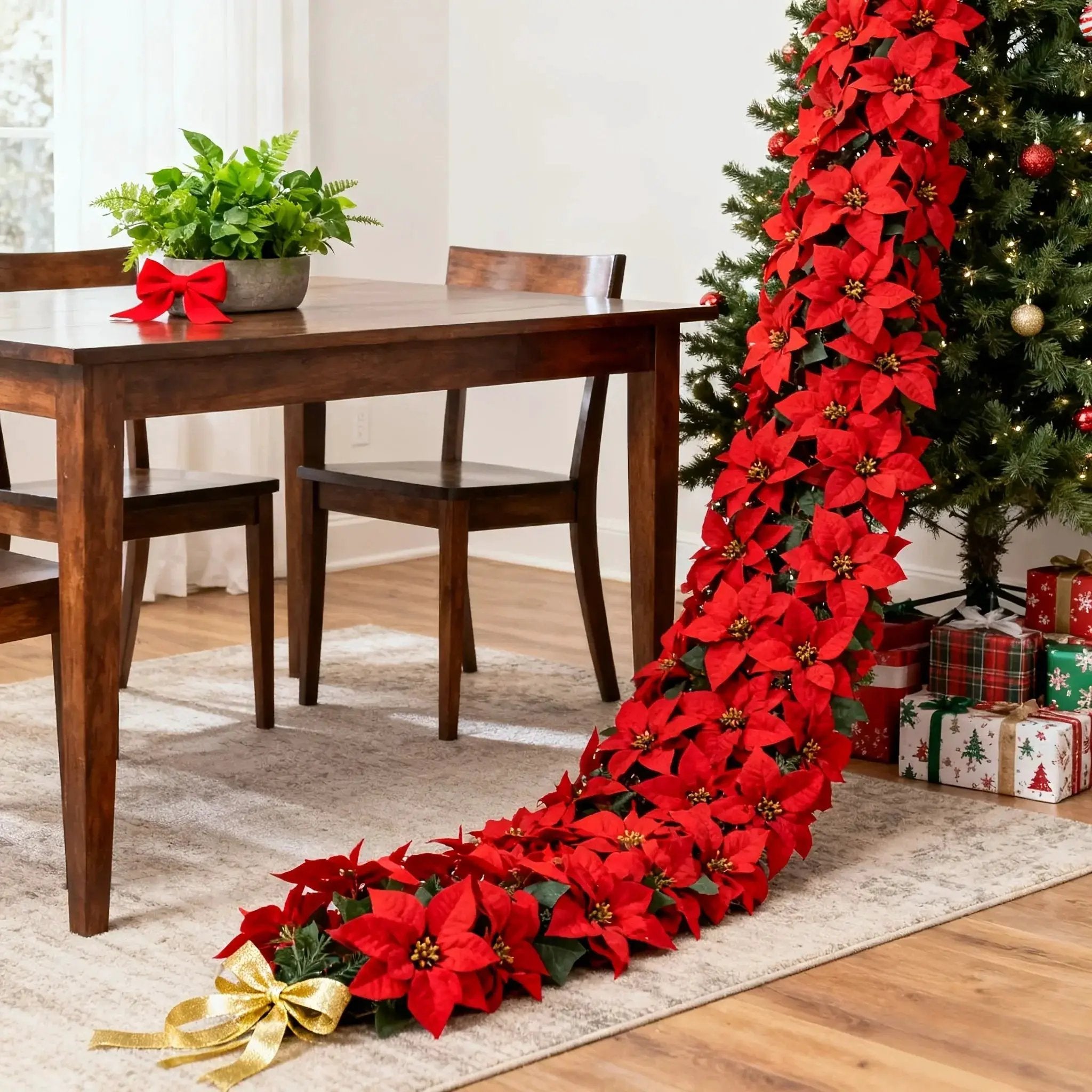 Artificial Poinsettia Wreath 242cm Red and Green Christmas Garland by House Of Avana