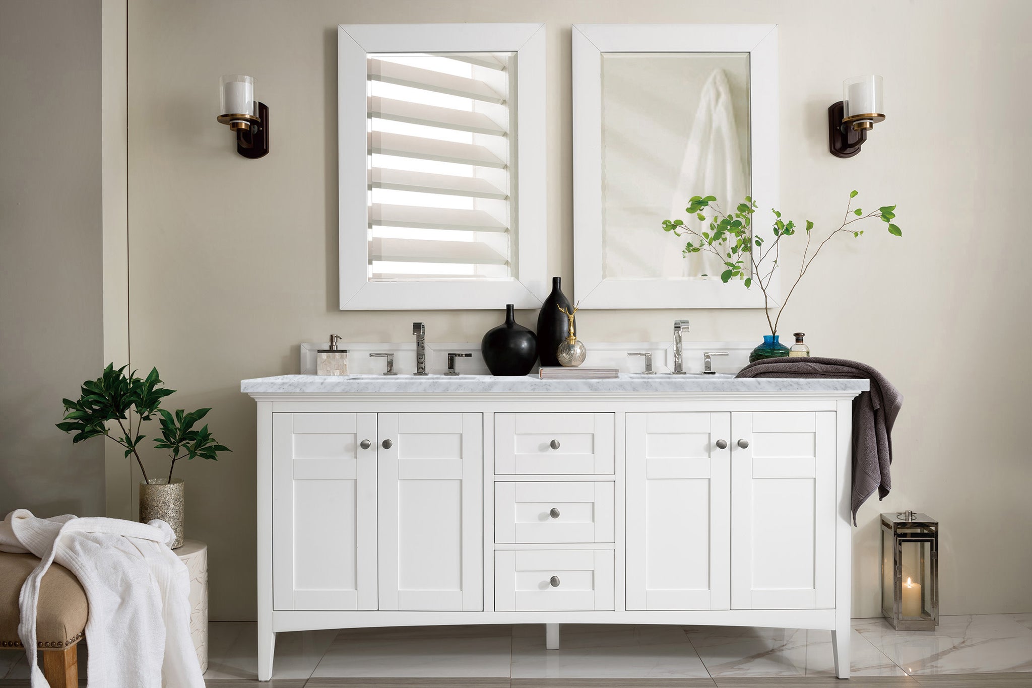 James Martin Palisades 72" Double Bathroom Vanity, Bright White with Carrara White countertop