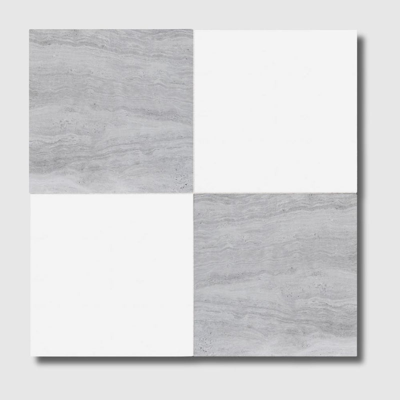 Athens Grey Light, Thassos Extra Honed Checkerboard Pattern Marble Tiles 12x12 Marble Honed 12x12 Tiles