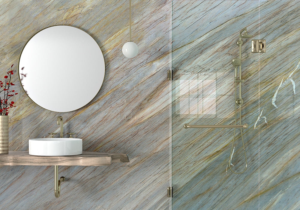 Aurora Blue Polished Quartzite Slab Random room scene 3