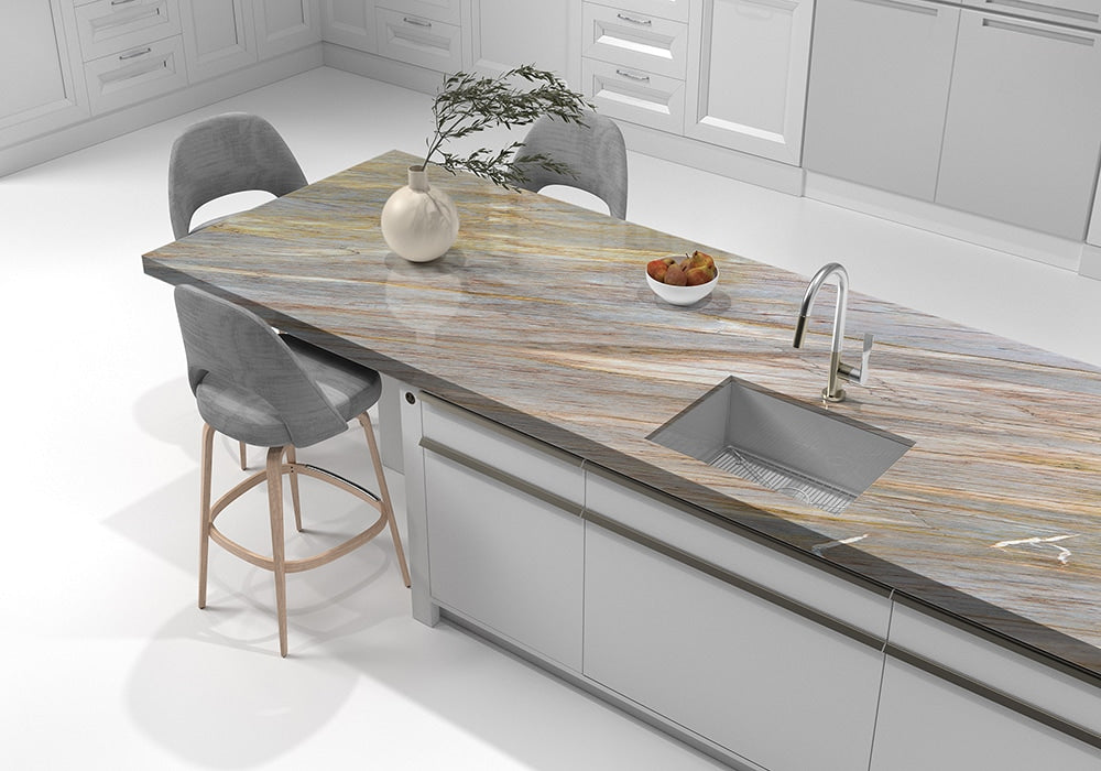 Aurora Blue Polished Quartzite Slab Random room scene 4