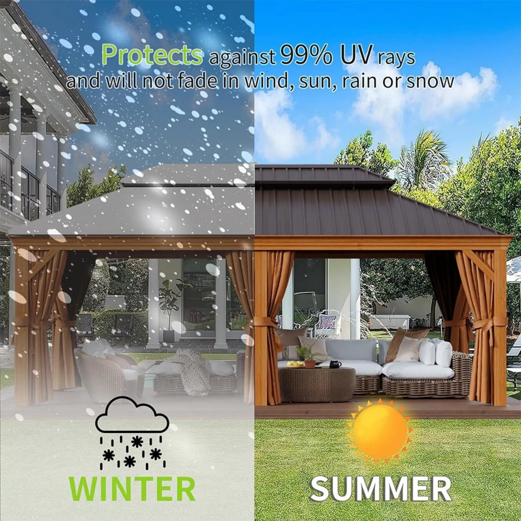 [12X20FT] Alora Premium Large Aluminum Hardtop Gazebo W/ Netting, Privacy Curtains And Wood Grain Finish (SAK58374) by SAKSBY WHOLESALE