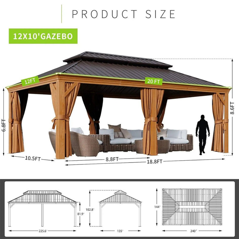 [12X20FT] Alora Premium Large Aluminum Hardtop Gazebo W/ Netting, Privacy Curtains And Wood Grain Finish (SAK58374) by SAKSBY WHOLESALE