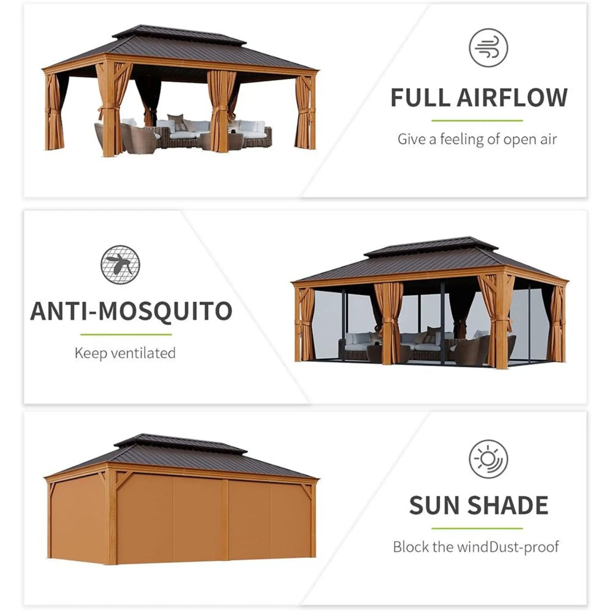 [12X20FT] Alora Premium Large Aluminum Hardtop Gazebo W/ Netting, Privacy Curtains And Wood Grain Finish (SAK58374) by SAKSBY WHOLESALE