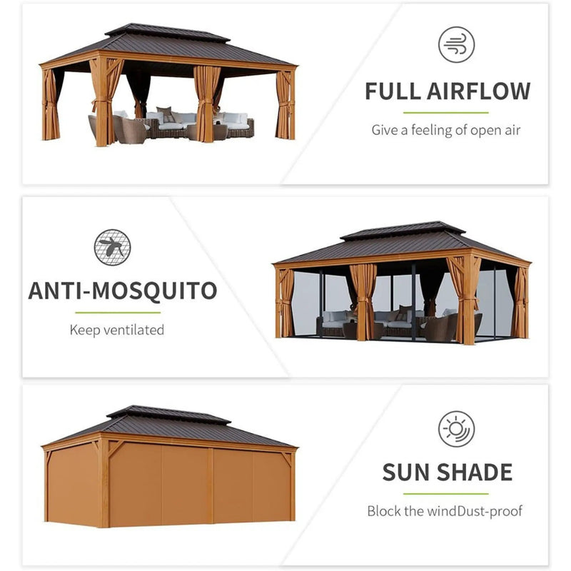 [12X20FT] Alora Premium Large Aluminum Hardtop Gazebo W/ Netting, Privacy Curtains And Wood Grain Finish (SAK58374) by SAKSBY WHOLESALE