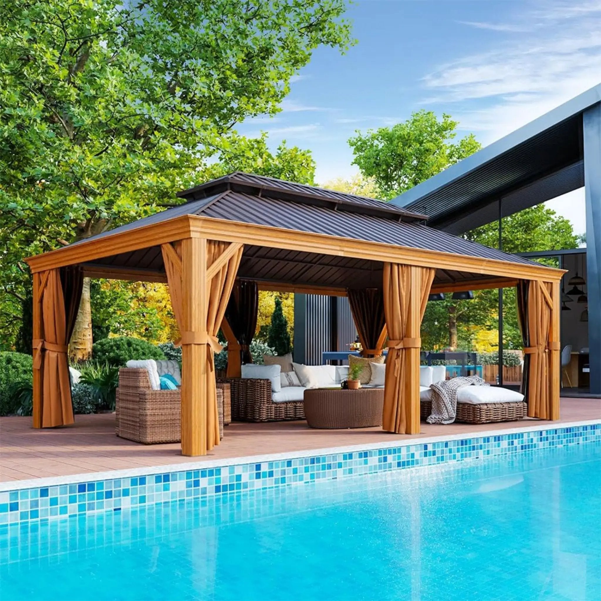 [12X20FT] Alora Premium Large Aluminum Hardtop Gazebo W/ Netting, Privacy Curtains And Wood Grain Finish (SAK58374) by SAKSBY WHOLESALE