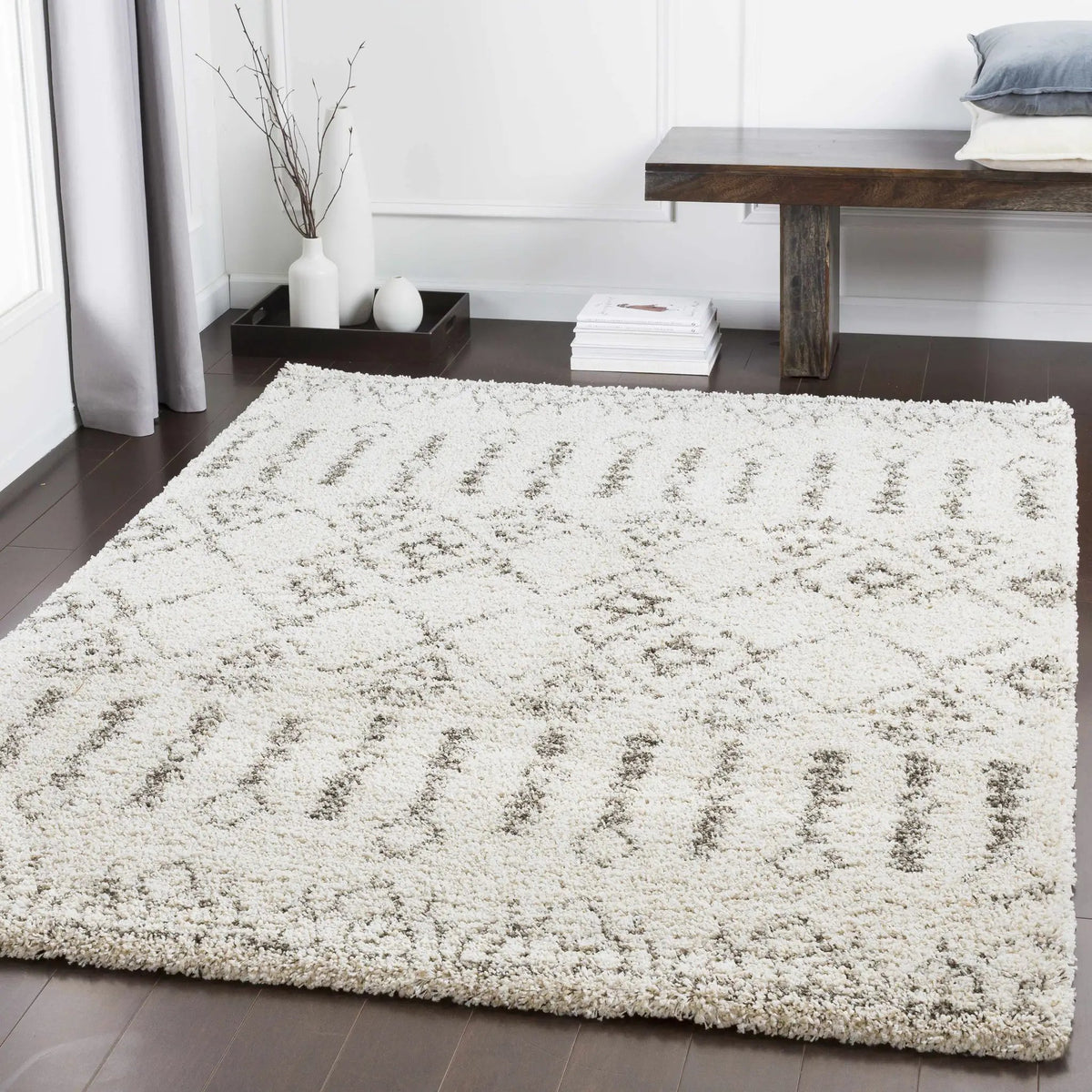 Aylett Beige Trellis Shag Rug - Clearance, installed in a room