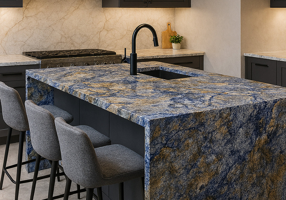 Azul Bahia Polished Granite Slab Random room scene 2