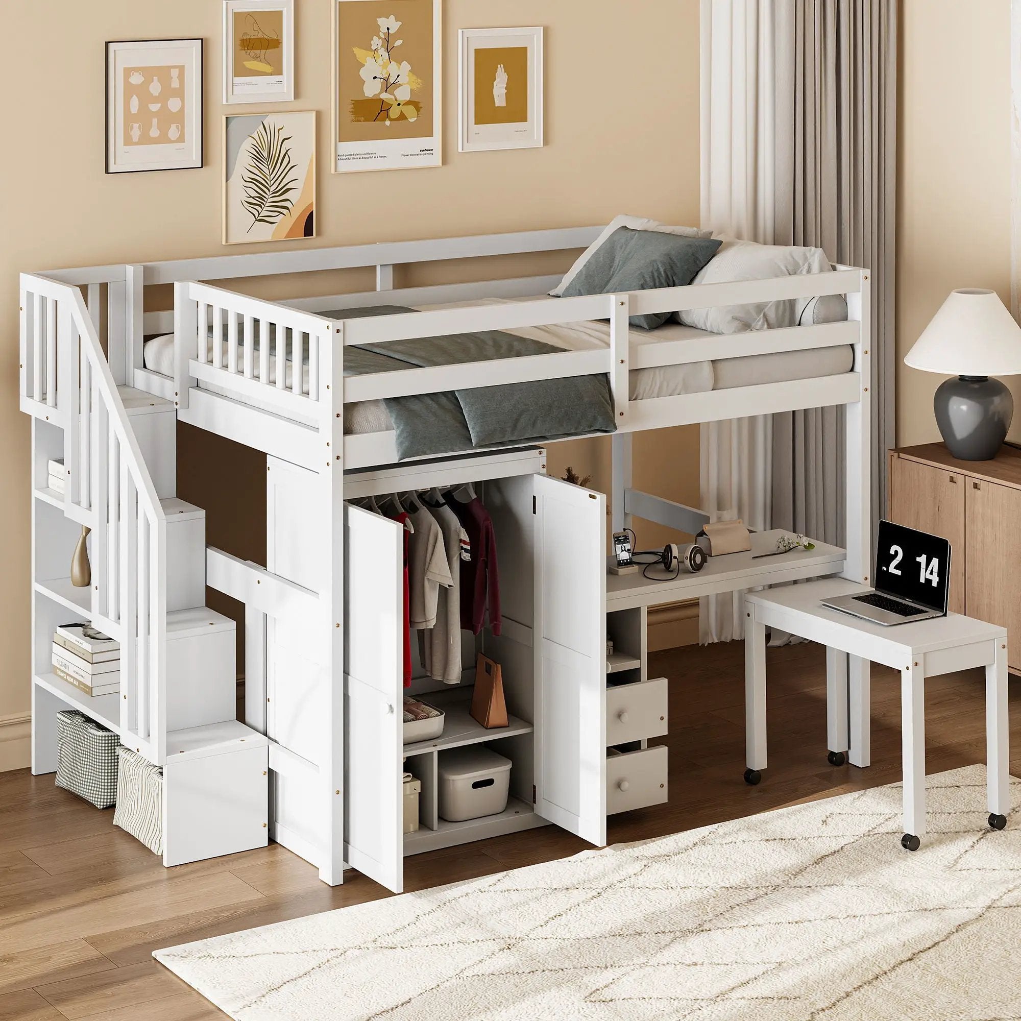 Loft Bed With Stairs, Bookshelf, Drawers, Desk & Wardrobe, Space Saving Multifunctional Furniture by HouseOfZazla
