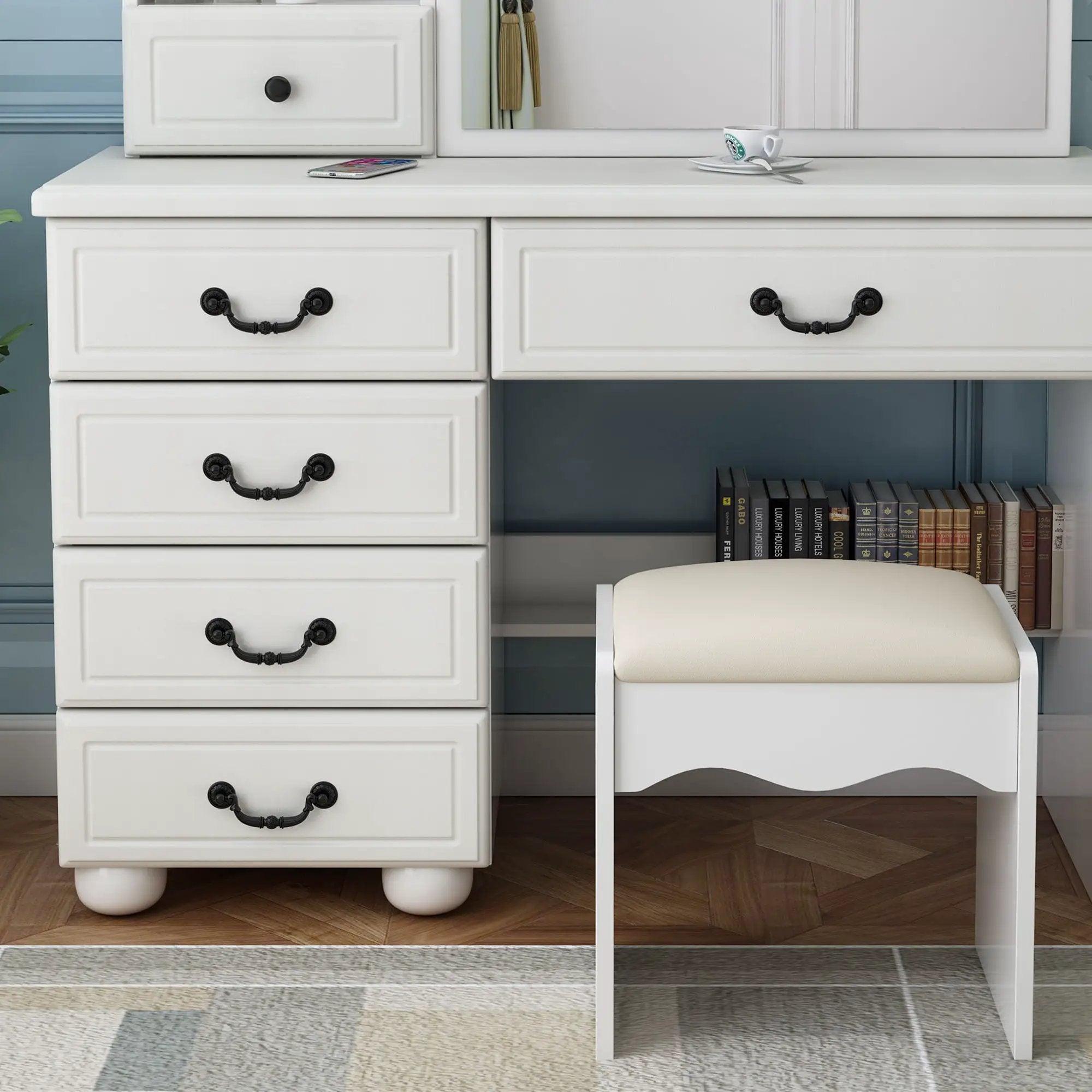 Fashion Vanity Desk With Mirror And Adjustable Lighting, 6 Drawers, 3 Color Light Modes - White by HouseOfZazla