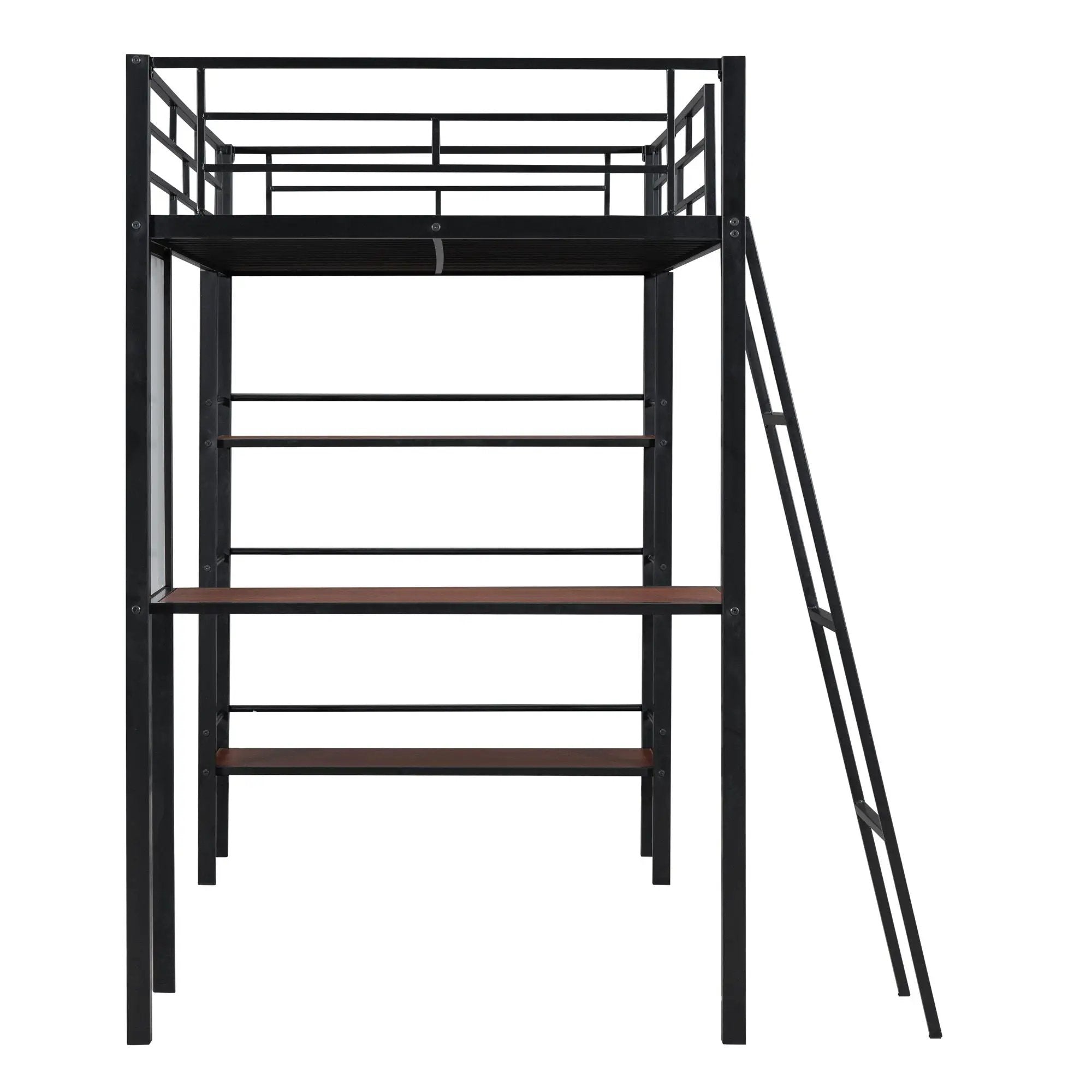 Loft Metal Bed With 3 Layers Of Shelves And Desk, Stylish Metal Frame Bed With board by HouseOfZazla