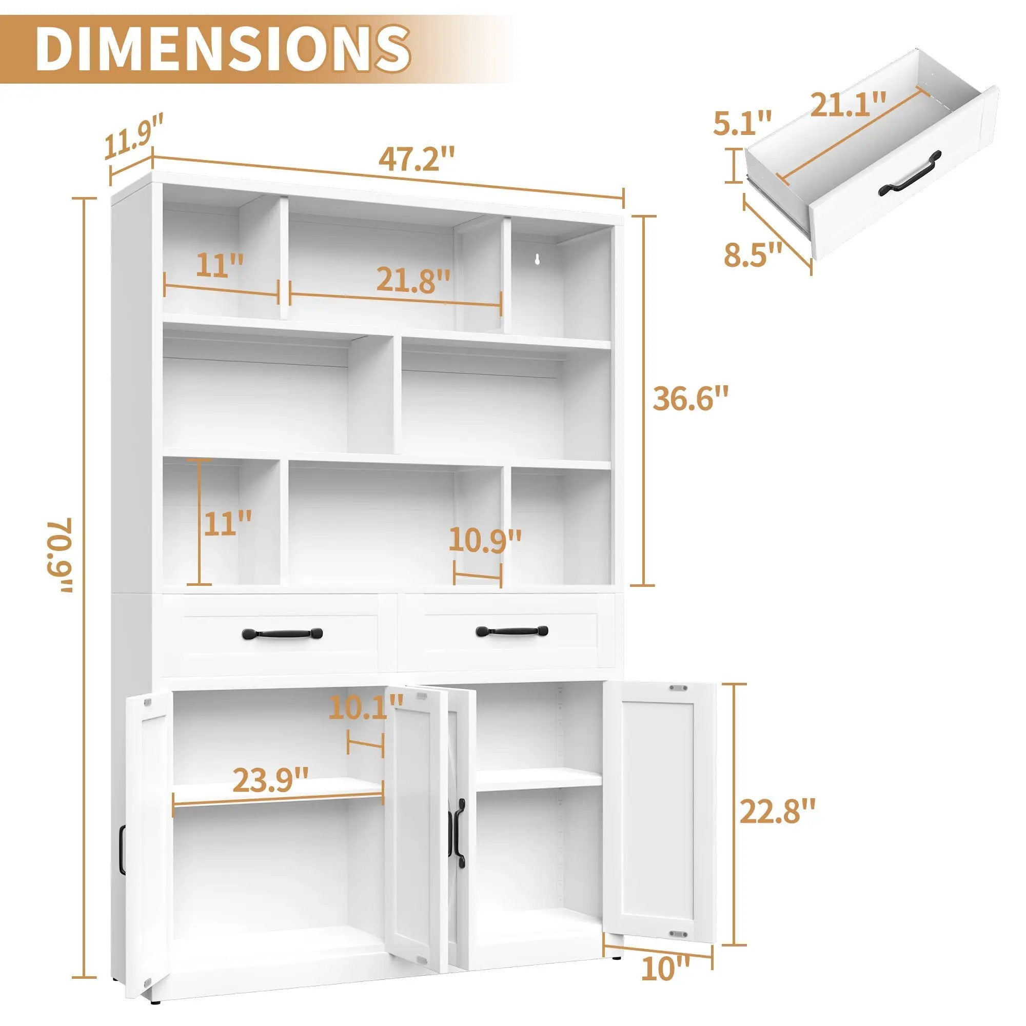 Bookcase Tall With 2 Doors & 2 Drawers, Fixed Open Shelves - White by HouseOfZazla