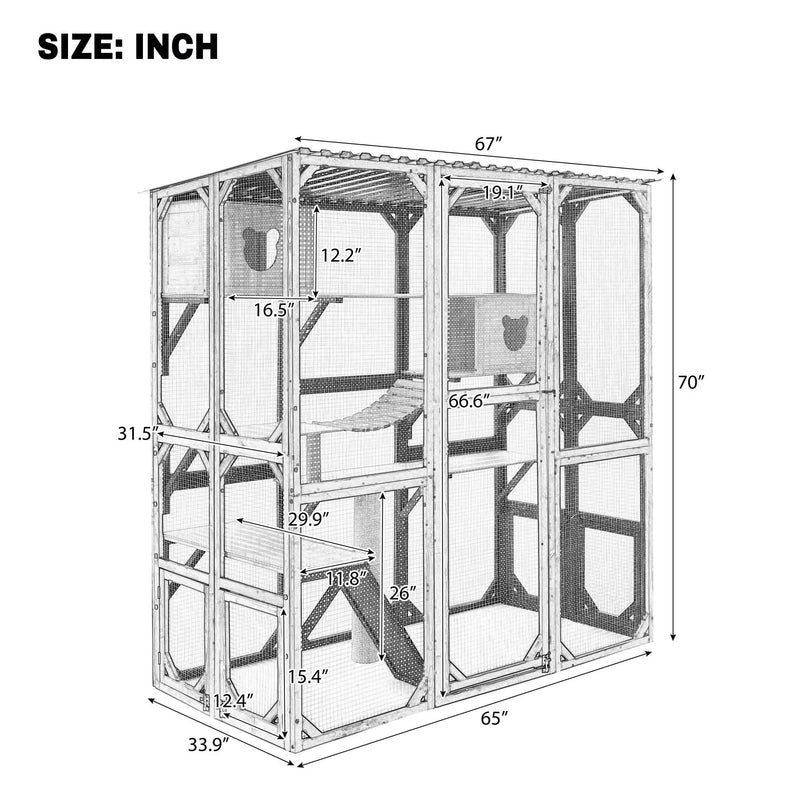 Outdoor Cat Enclosure With Sleeping Houses, Jumping Platforms, Scratching Post by HouseOfZazla