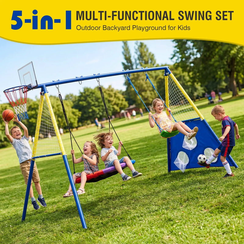 5-in-1 Kids Swing Set with Saucer Swing, Belt Swing, Basketball Hoop & Soccer Goal by HouseOfZazla