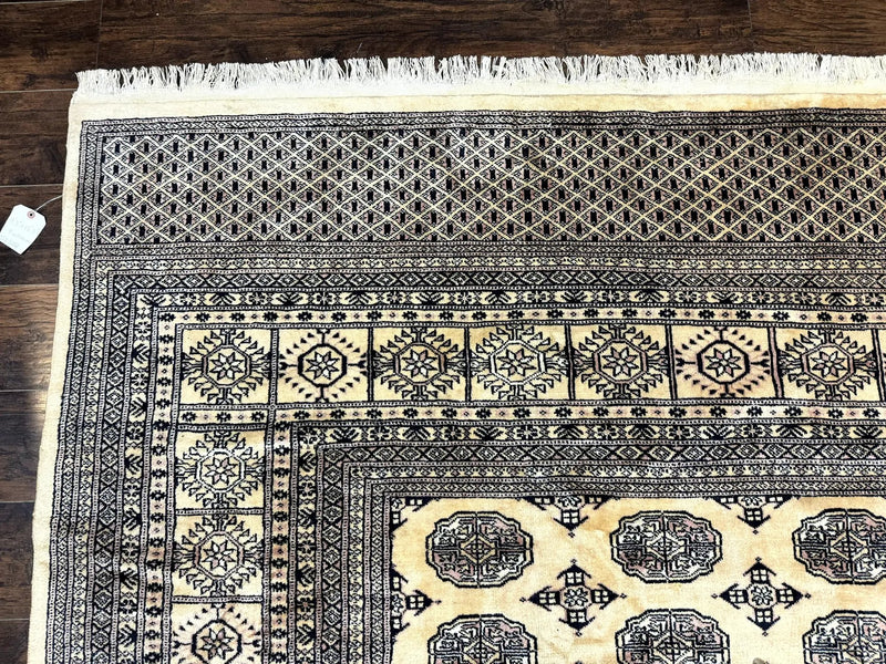 Pakistani Bokhara Turkoman Rug 9x11, Cream, Handmade Wool Vintage Carpet by Jewel Rugs