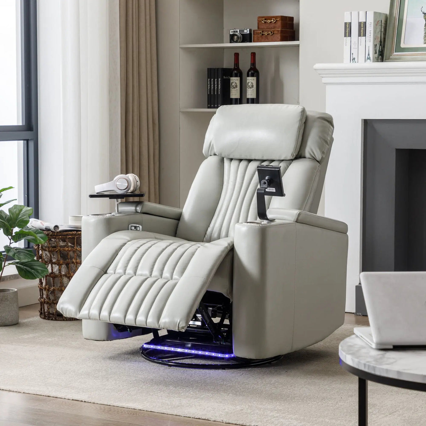 270° Power Swivel Recliner Home Theater Chair With Hidden Arm Storage, LED Light, Cup Holder, And Tray Table by Unique Piece Furniture