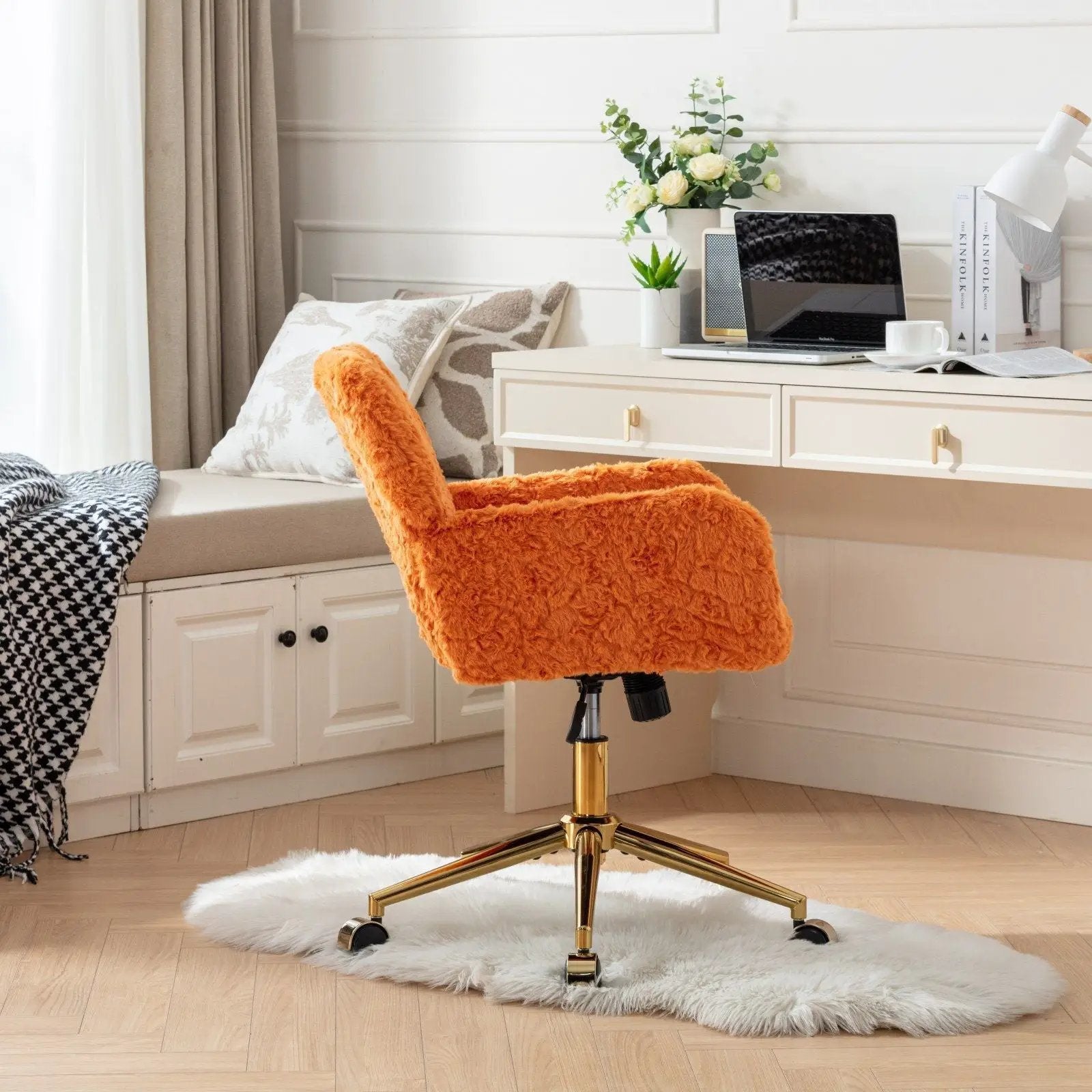 Office Chair, Artificial Rabbit Hair Home Office Chair With Metal Base, Adjustable Desk Chair Swivel Office Chair, Vanity Chair by HouseOfZazla