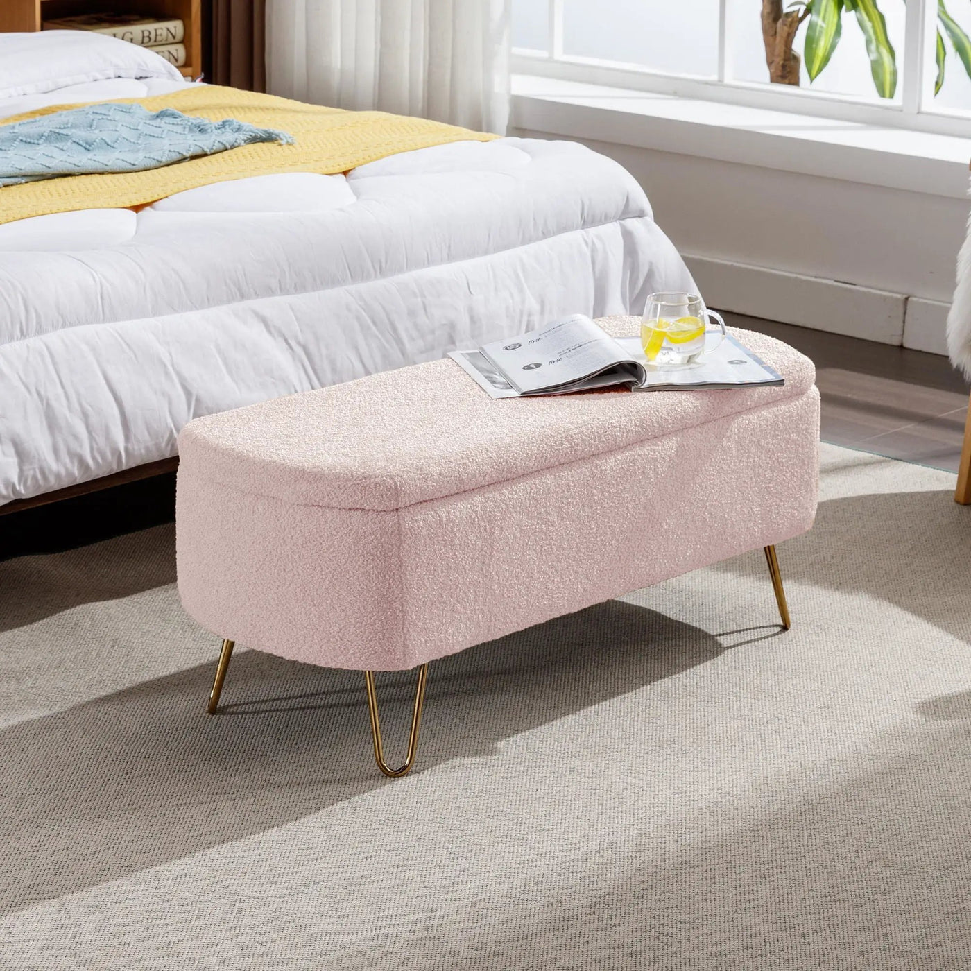 Storage Ottoman Bench For End Of Bed Legs, Modern Camel Faux Fur Entryway Bench Upholstered Padded With Storage For Living Room Bedroom by HouseOfZazla