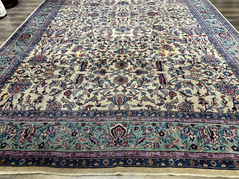 Antique Persian Rug 10x15, Camel and Cyan, Allover Pattern, Rare, Samarkand Rug by Jewel Rugs