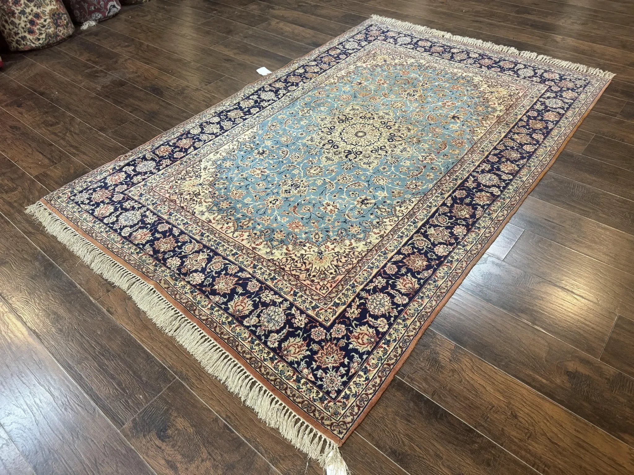 Light Blue Persian Isfahan Rug 5x8, Floral Medallion, Wool on Silk Foundation, Very Fine 530 KPSI, Handmade Carpet by Jewel Rugs
