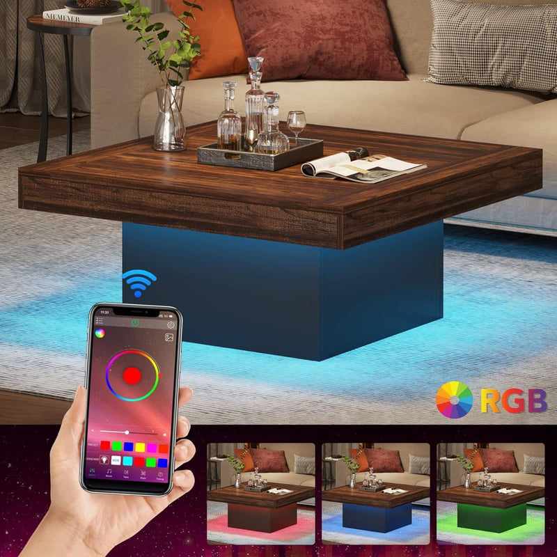 LED Coffee Table With Base, Center Table For Living Room - Rustic Brown by HouseOfZazla