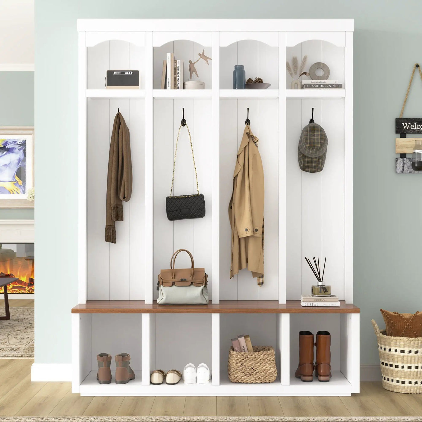 Entryway Hall Tree With Bench, 4 Hooks & Open Storage Space by Unique Piece Furniture
