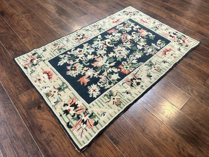 Vintage American Needlepoint Rug 4x6, Dark Green, Wool, Handmade, Flatweave Carpet by Jewel Rugs