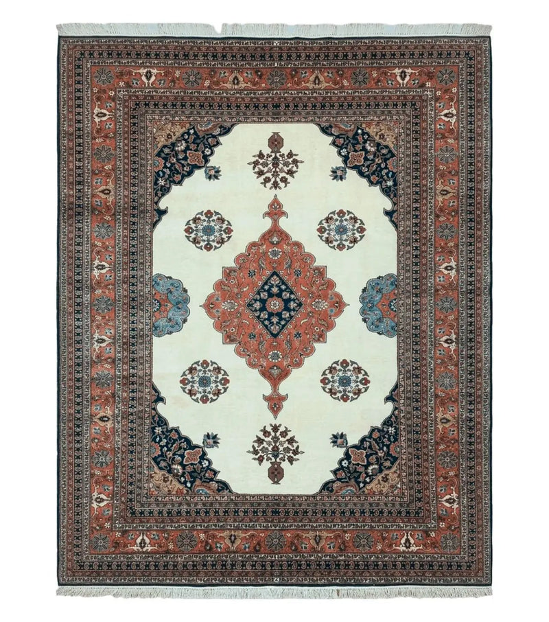 Indo Persian Rug 9x12, Semi Open Field Medallion, Ivory Tomato Red Navy Blue, Hand Knotted Indian Oriental Wool Carpet 9 x 12 ft, Room Sized by Jewel Rugs