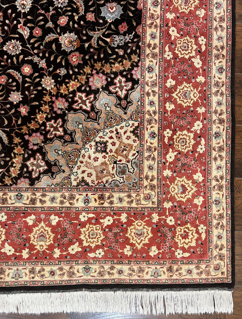 Marvelous Persian Tabriz Rug 7x10 ft, Super Fine 50 Raj, 300+ KPSI, Black and Rust Red, Floral Medallion Handmade Wool Oriental Carpet, Top Quality by Jewel Rugs
