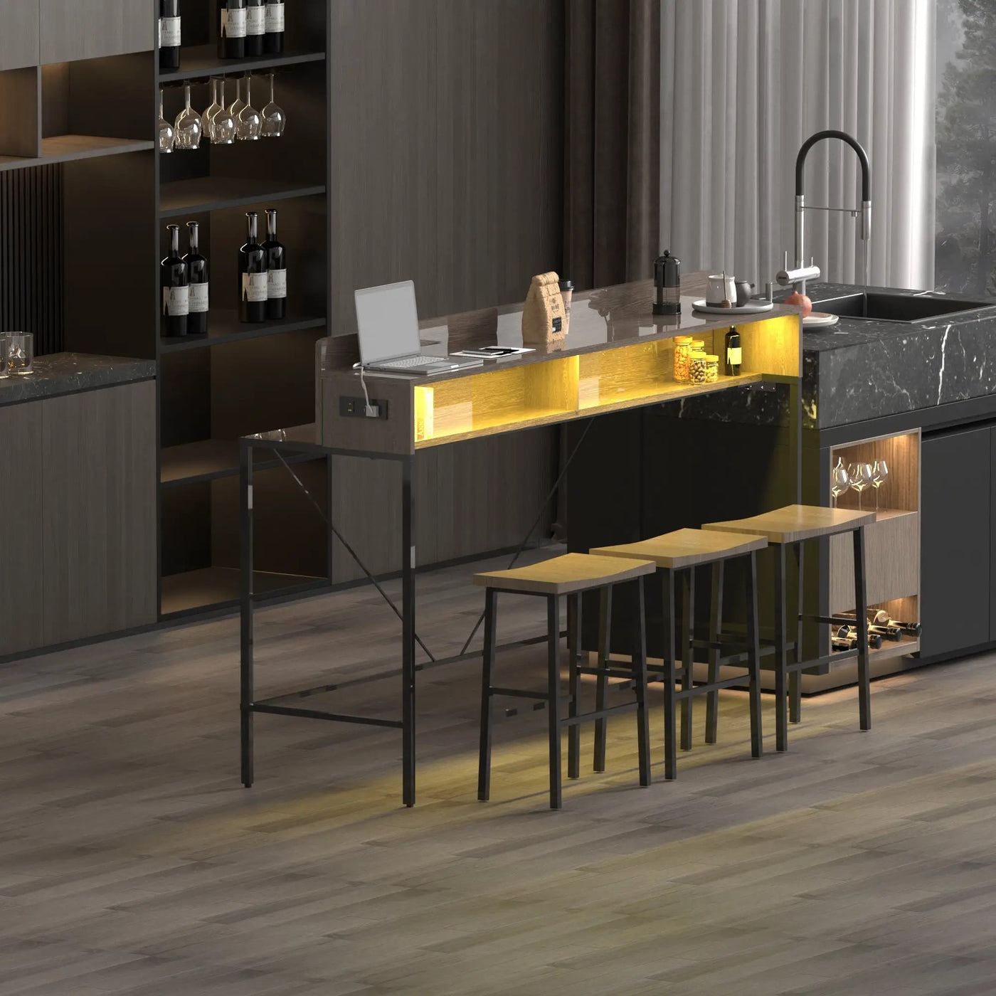 59 Inch Bar Table with Stools and LED Light by HouseOfZazla