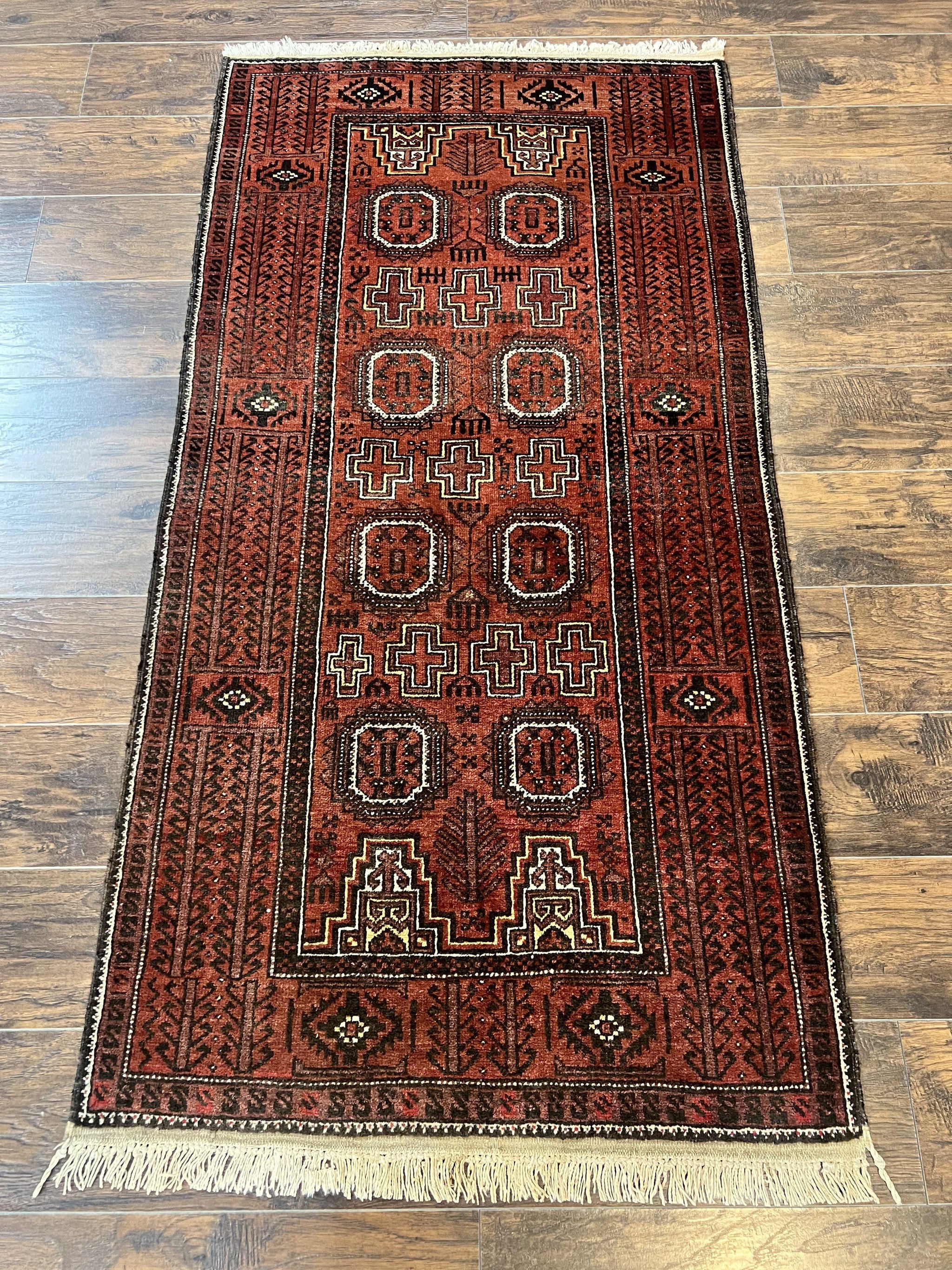 Antique Persian Turkoman Rug 3x6, Wool Tribal Handmade Carpet, Red and Black by Jewel Rugs