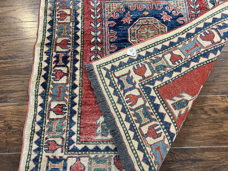 Turkish Kazak Rug 3x4, Wool Hand Knotted Small Vintage Carpet, Red Navy Blue, 3 x 4 Oriental Rug, Geometric Design by Jewel Rugs