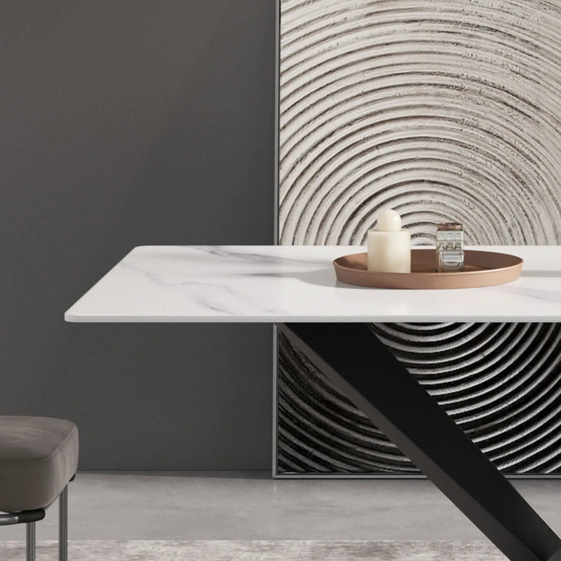 Modern Artificial Stone Straight Edge Metal X Leg Dining Table, 6 People by HouseOfZazla
