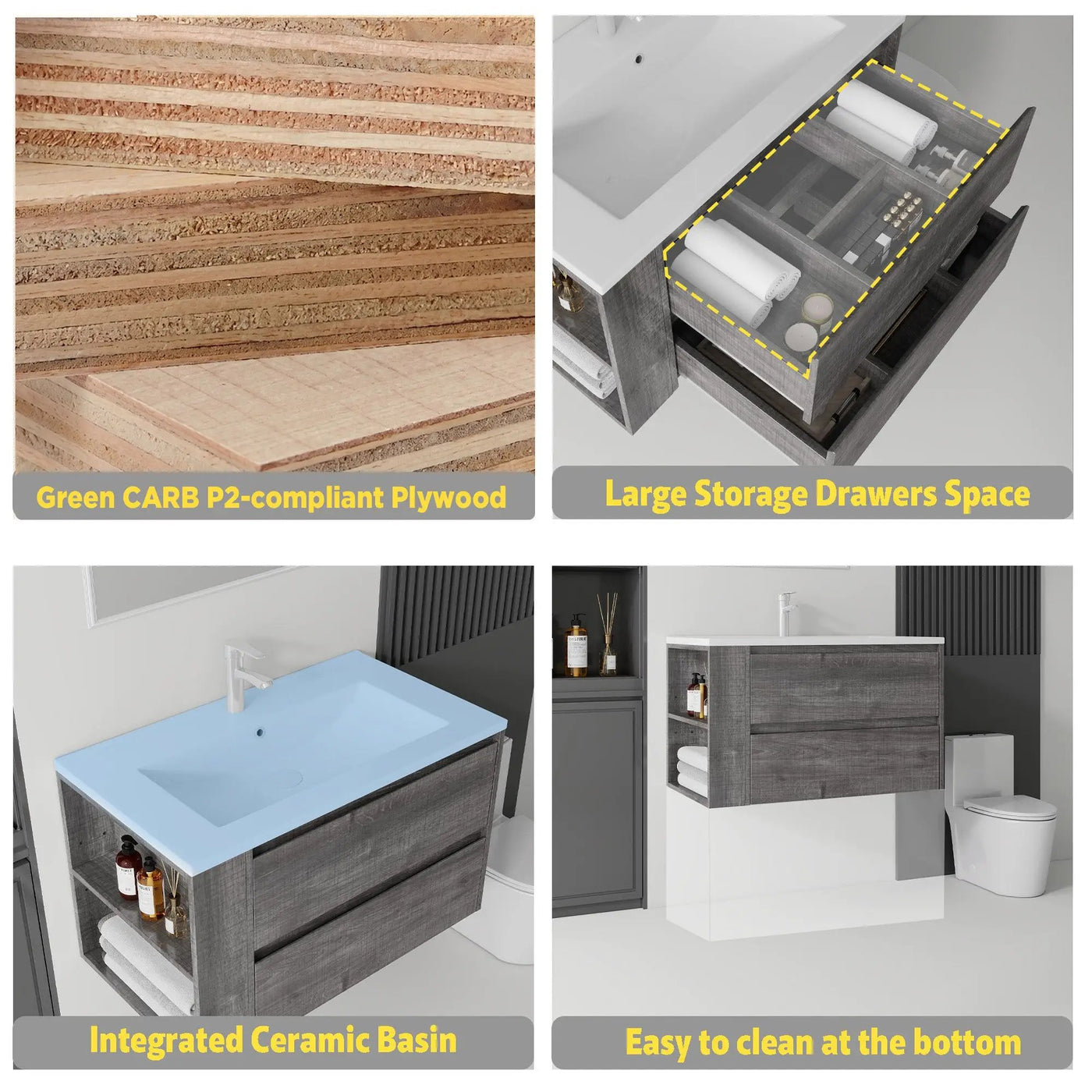 36 Inch Floating Bathroom Vanity with Sink, Soft-Close Door, Ceramic Sink, Plywood by HouseOfZazla