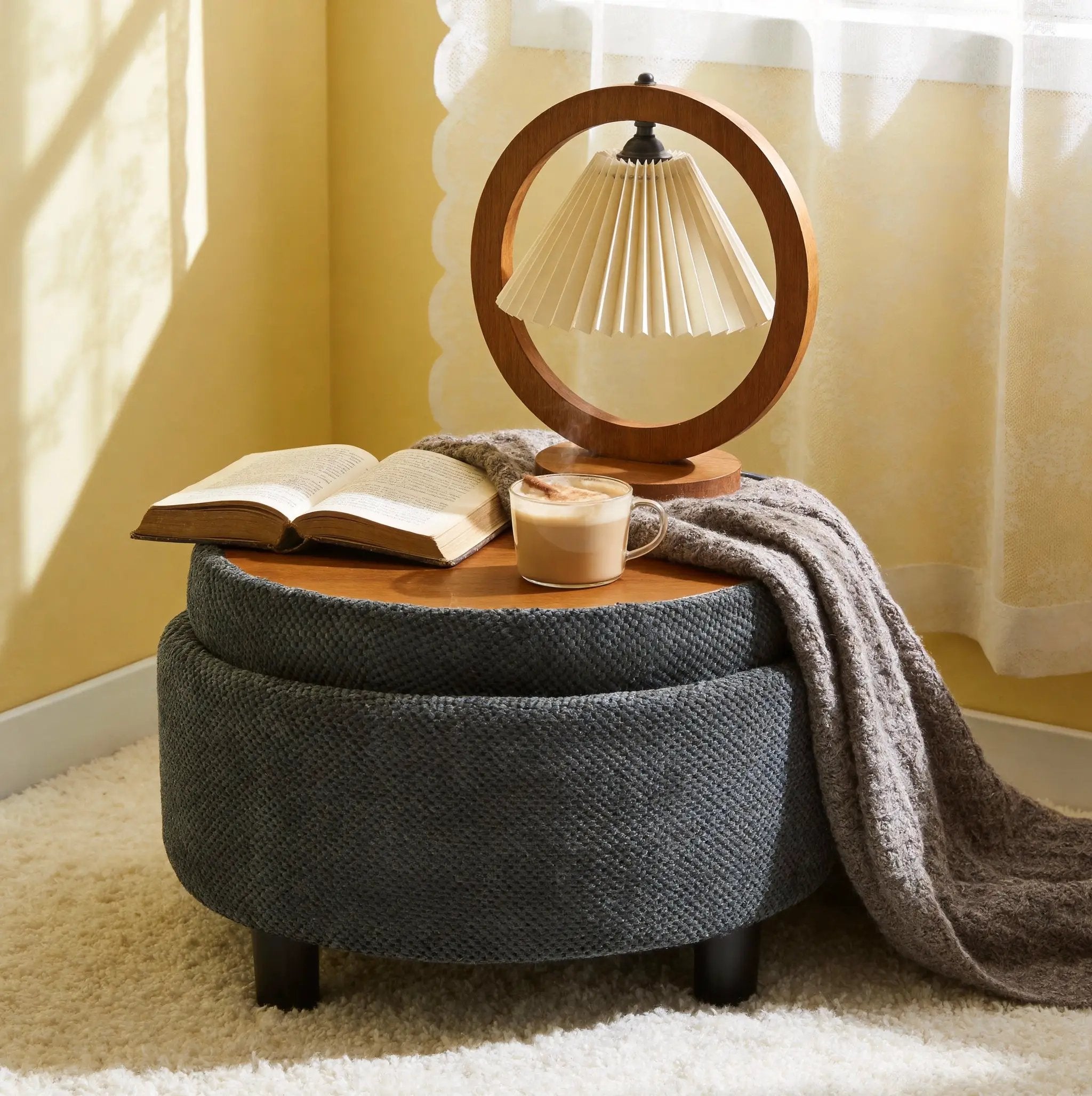 25 Inch Round Storage Ottoman with Tray by HouseOfZazla