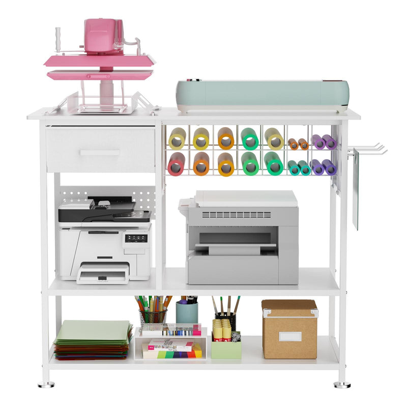 Large Heat Press Table With Charging Station, Movable Workbench For Diy Sublimation - White by HouseOfZazla
