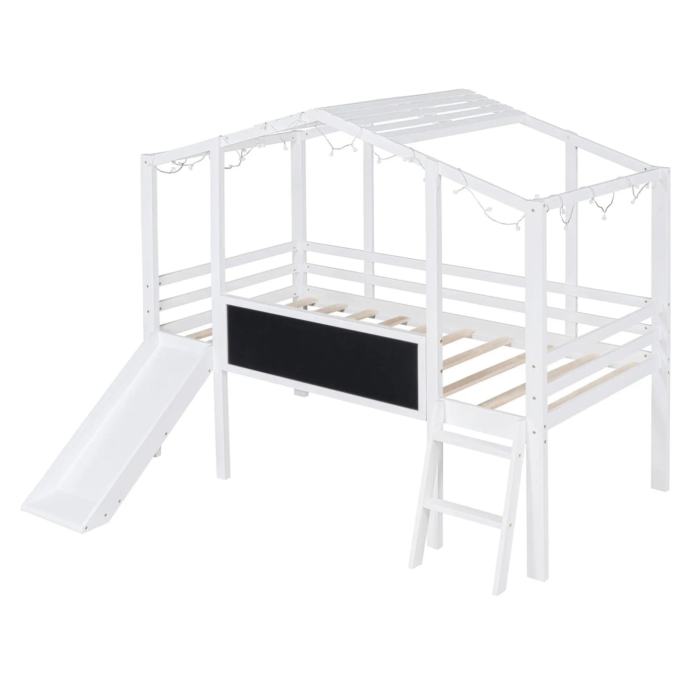 Loft House Bed With Ladder And Slide, With board And Light Strip On The Roof by Unique Piece Furniture