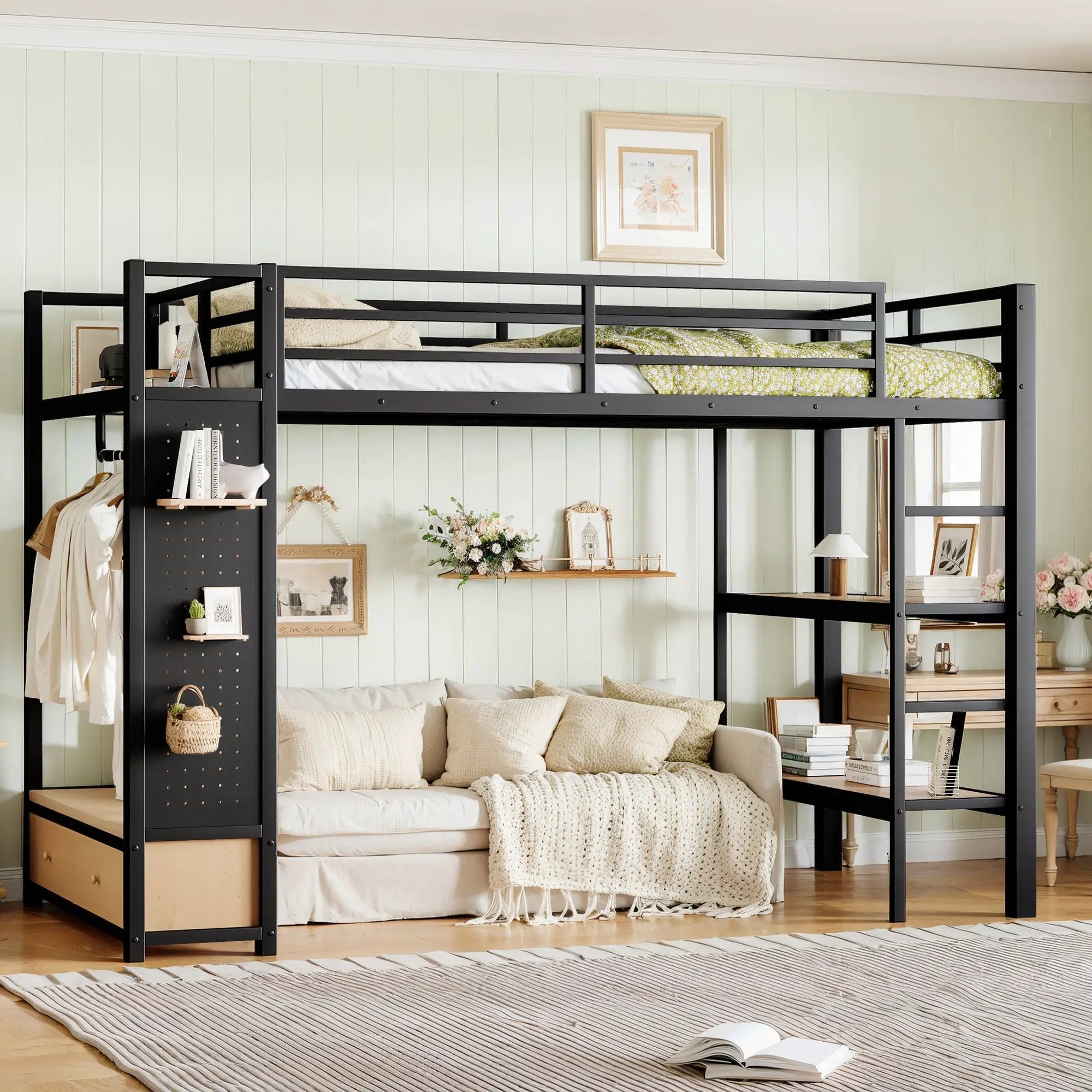 Twin XL Size Loft Bed Frame with Wardrobe and Shelves by HouseOfZazla
