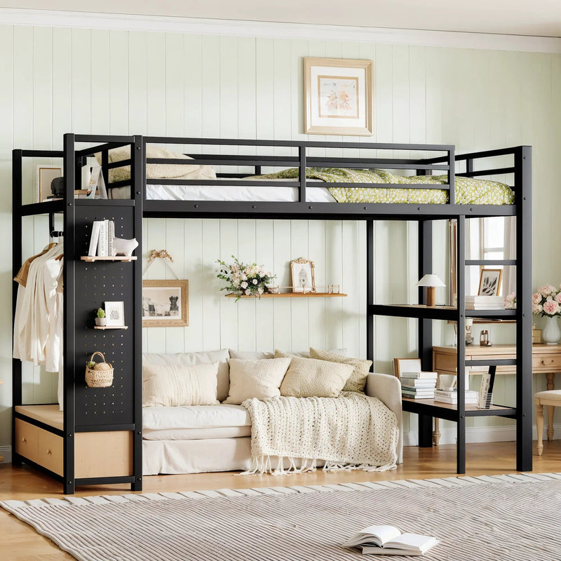 Twin XL Size Loft Bed Frame with Wardrobe and Shelves by HouseOfZazla