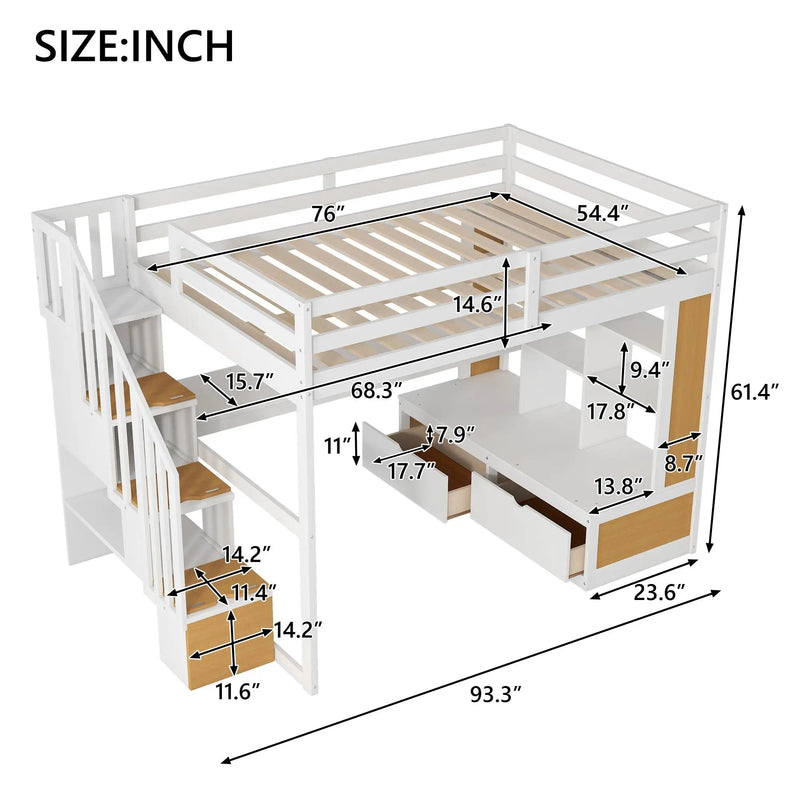 Full Size Loft Bed With Desk And Shelves, 2 Built In Drawers, Storage Staircase - Natural / White by Unique Piece Furniture