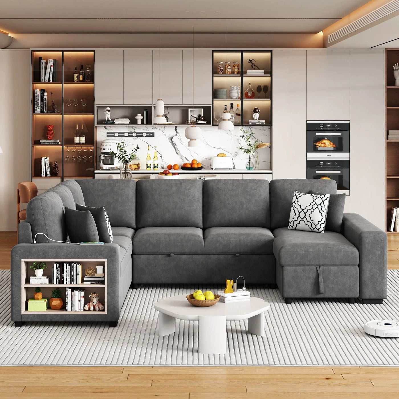U-Shaped Sectional Sofa Pull-Out Sofa Bed With Two USB Ports, A Storage Chaise Lounge And Four Back Pillows For Living Room by HouseOfZazla