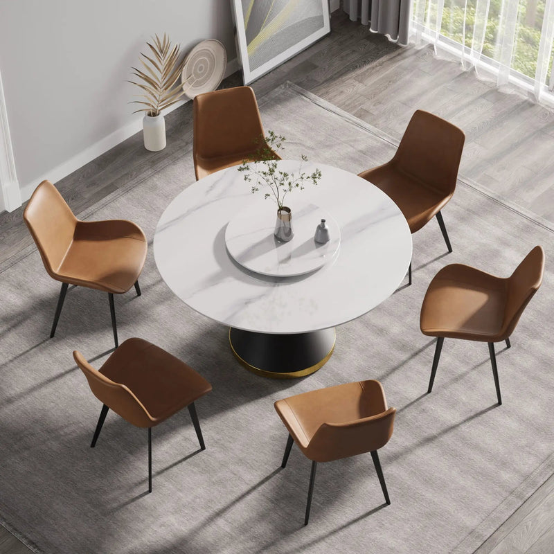 53" Modern Artificial Stone Round Carbon Steel Base Dining Table, Can Accommodate 6 People, Artificial Stone Turntable - White / Black by HouseOfZazla