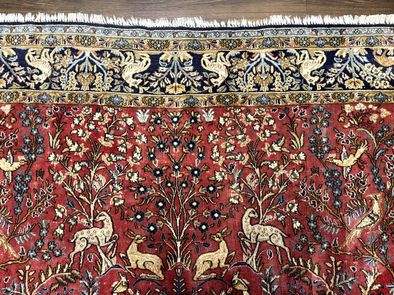 Persian Qum Rug 9x12, Animal Pictorials, Deer Birds, Tree of Life, Red and Navy Blue by Jewel Rugs