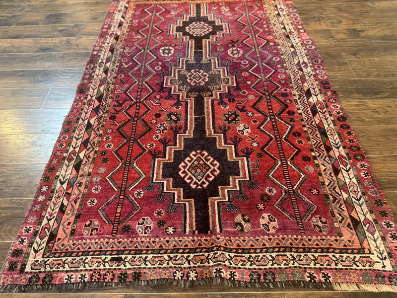 Persian Tribal Shiraz Rug 5x8, Geometric, Raspberry Red and Charcoal, Antique Persian Carpet by Jewel Rugs