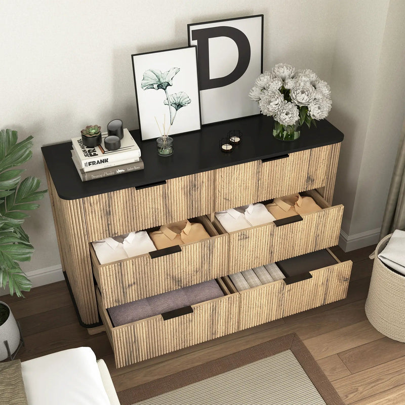 Modern 6 Drawer Cabinet With Metal Rounded Corners And Exquisite Handles Multi Functional Storage - Natural Wood by Unique Piece Furniture