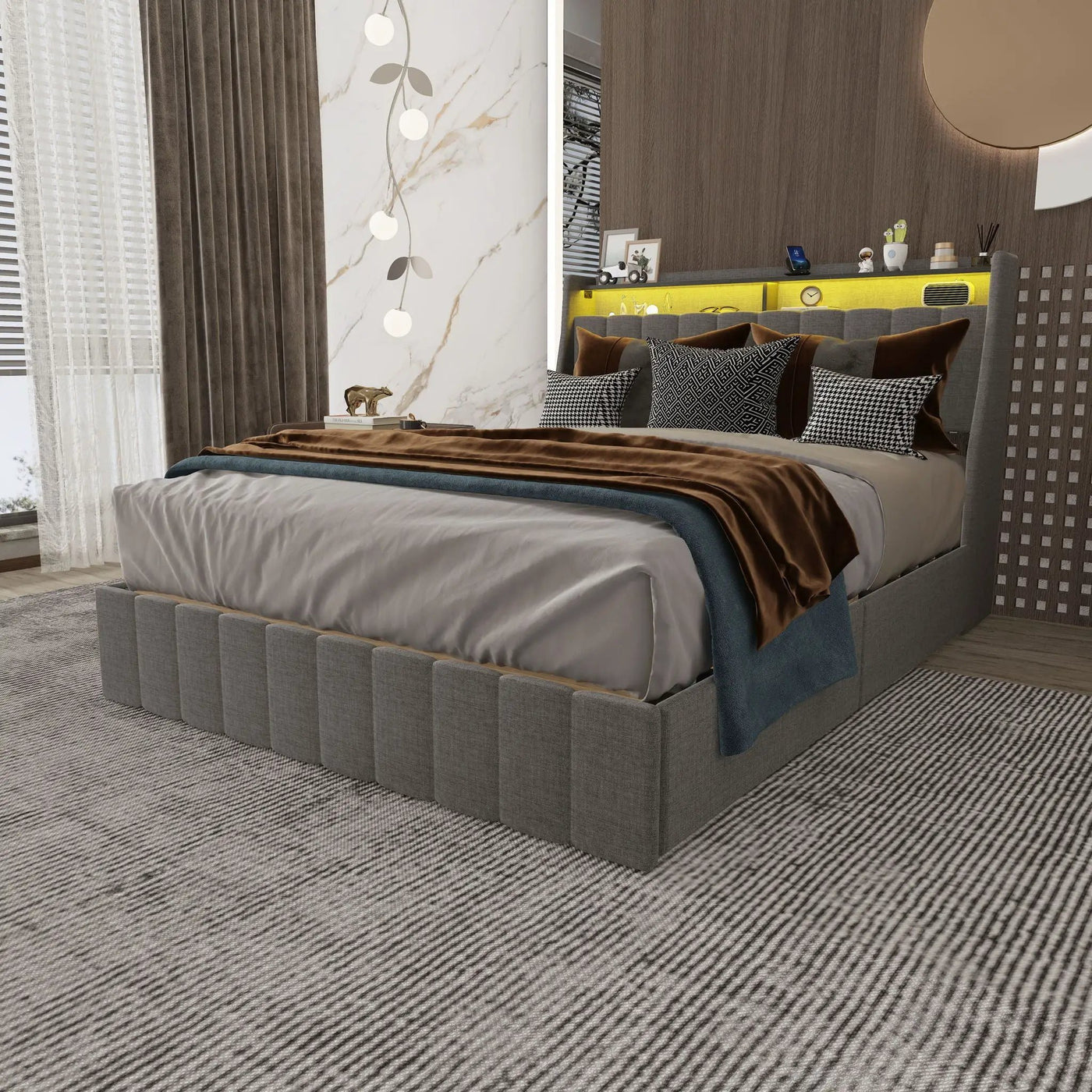 Bed With LED Lights, 4 Drawers, Winged Headboard Upholstered by Unique Piece Furniture